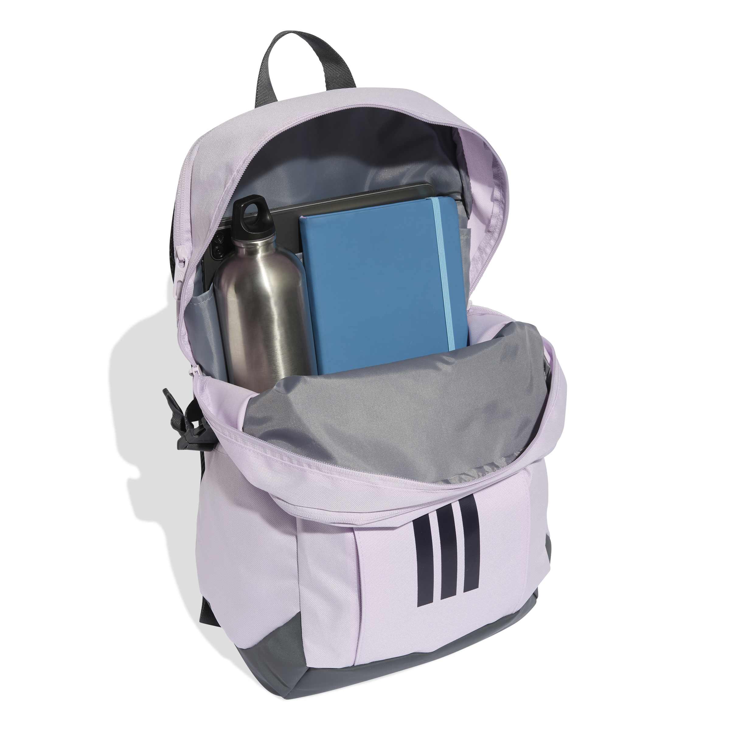 Mochila Adidas Power VIII lilás em fundo branco mostrando detalhes de zíper e logo